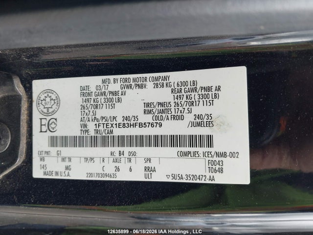 12635899 :رقم المزاد ، 1FTEX1E83HFB57679 vin ، 2017 Ford F-150 Xl/xlt مزاد بيع