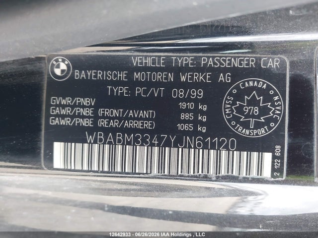 2000 Bmw 323ci მანქანა იყიდება აუქციონზე, vin: WBABM3347YJN61120, აუქციონის ნომერი: 12642933