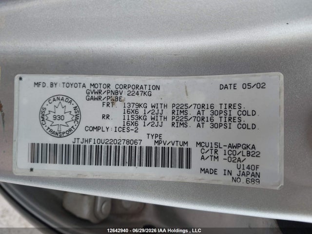 12642940 :رقم المزاد ، JTJHF10U220278067 vin ، 2002 Lexus Rx 300 300 مزاد بيع