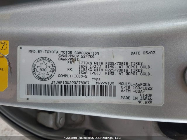 12642940 :رقم المزاد ، JTJHF10U220278067 vin ، 2002 Lexus Rx 300 300 مزاد بيع