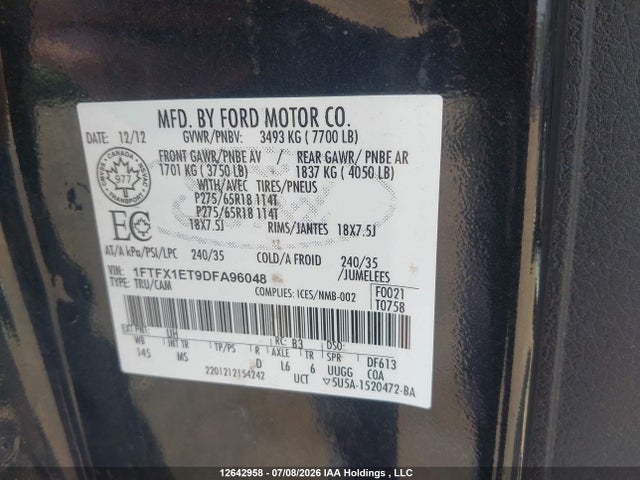 12642958 :رقم المزاد ، 1FTFX1ET9DFA96048 vin ، 2013 Ford F-150 Fx4/lariat/xl/xlt مزاد بيع