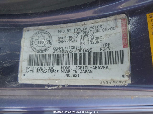 12642962 :رقم المزاد ، JTHBD182510001895 vin ، 2001 Lexus Is 300 300 مزاد بيع
