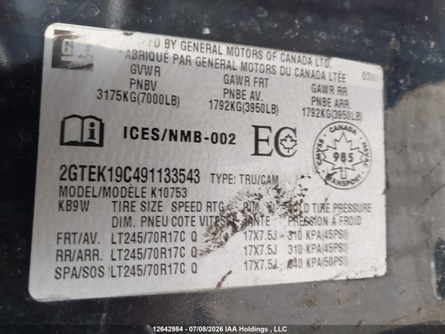 Aukcja sprzedaży 2009 Gmc Sierra K1500, vin: 2GTEK19C491133543, numer aukcji: 12642984