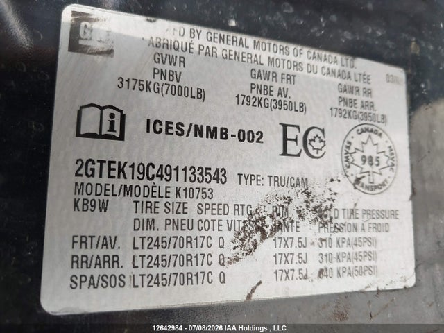 Aukcja sprzedaży 2009 Gmc Sierra K1500, vin: 2GTEK19C491133543, numer aukcji: 12642984