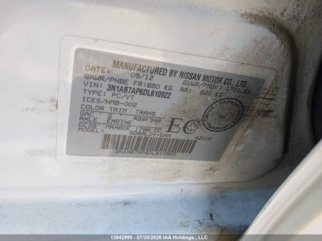 12642995 :رقم المزاد ، 3N1AB7AP6DL610922 vin ، 2013 Nissan Sentra 1.8 S/1.8 Sv مزاد بيع