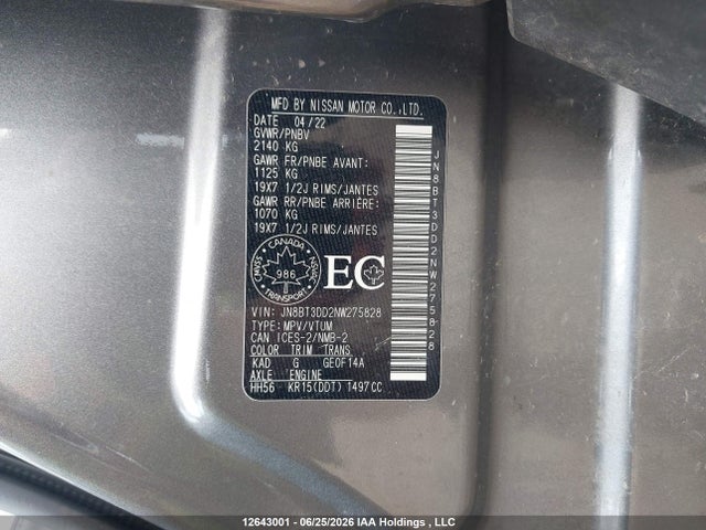 Aukcja sprzedaży 2022 Nissan Rogue Platinum, vin: JN8BT3DD2NW275828, numer aukcji: 12643001