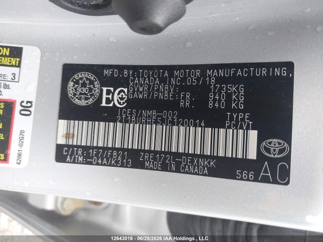 2018 Toyota Corolla L/le/xle/se/xse მანქანა იყიდება აუქციონზე, vin: 2T1BURHE5JC120014, აუქციონის ნომერი: 12643016