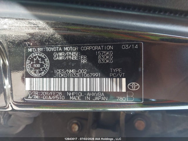 2014 Toyota Prius C მანქანა იყიდება აუქციონზე, vin: JTDKDTB33E1067991, აუქციონის ნომერი: 12643017