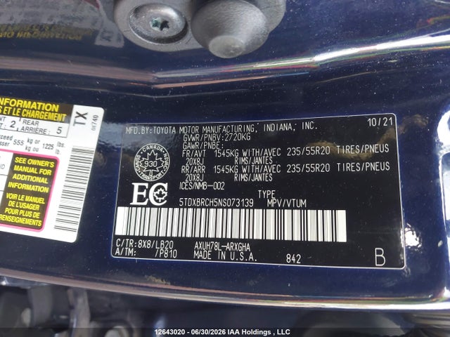 2022 Toyota Highlander Hybrid Hybrid მანქანა იყიდება აუქციონზე, vin: 5TDXBRCH5NS073139, აუქციონის ნომერი: 12643020