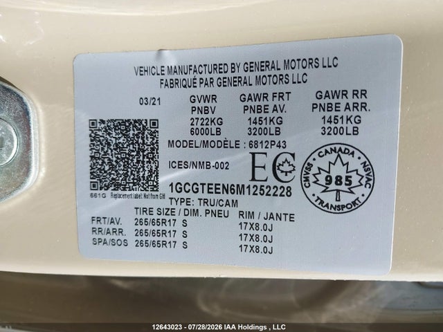 12643023 :رقم المزاد ، 1GCGTEEN6M1252228 vin ، 2021 Chevrolet Colorado Zr2 مزاد بيع