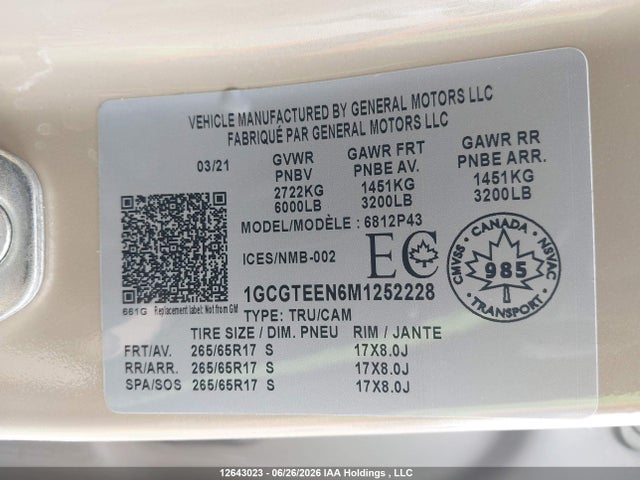 12643023 :رقم المزاد ، 1GCGTEEN6M1252228 vin ، 2021 Chevrolet Colorado Zr2 مزاد بيع