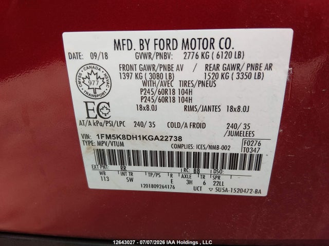 Aukcja sprzedaży 2019 Ford Explorer Xlt, vin: 1FM5K8DH1KGA22738, numer aukcji: 12643027