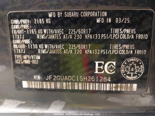 12643046 :رقم المزاد ، JF2GUADC1SH261284 vin ، 2025 Subaru Crosstrek Touring مزاد بيع