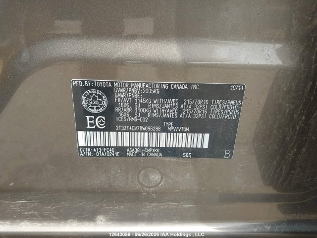 2011 Toyota Rav4 მანქანა იყიდება აუქციონზე, vin: 2T3ZF4DV7BW096288, აუქციონის ნომერი: 12643056
