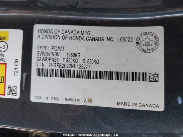Honda Civic 2022 2HGFE2F22NH123271 Image 9