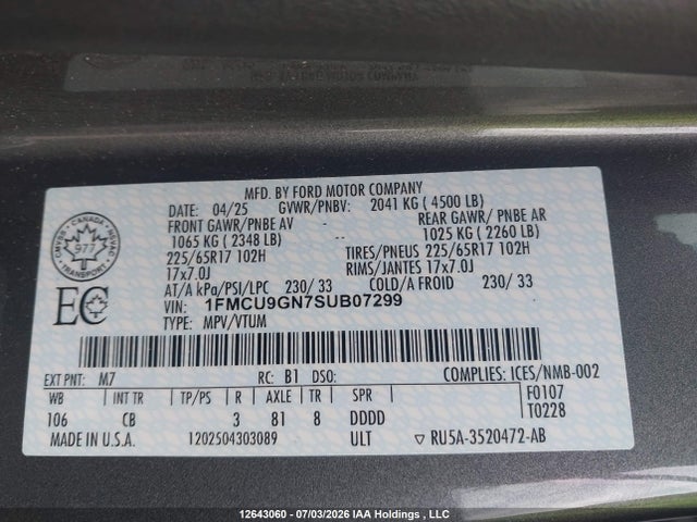 Продаж на аукціоні авто 2025 Ford Escape Active, vin: 1FMCU9GN7SUB07299, номер лоту: 12643060
