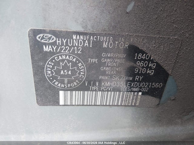 Продажа на аукционе авто 2013 Hyundai Elantra Gt, vin: KMHD35LEXDU021560, номер лота: 12643064