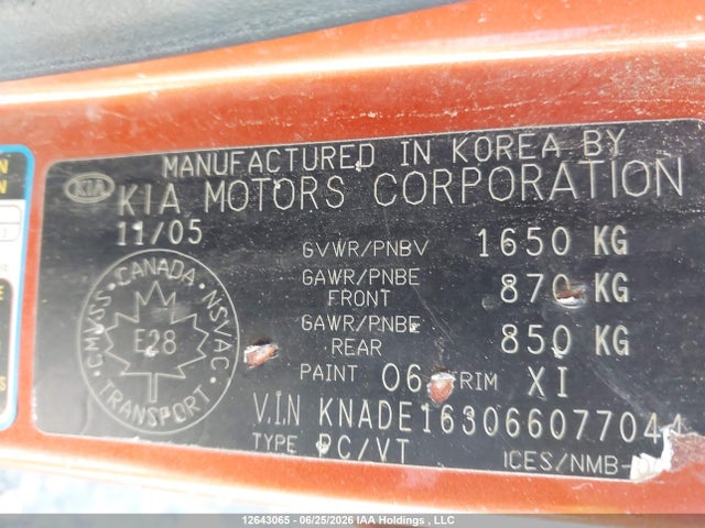 12643065 :رقم المزاد ، KNADE163066077044 vin ، 2006 Kia Rio5 Ex مزاد بيع