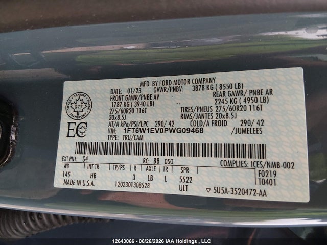 Auction sale of the 2023 Ford F150 Lightning Pro/lightning Xlt/lightning Lariat/lightning Platinum, vin: 1FT6W1EV0PWG09468, lot number: 12643066