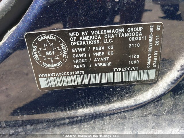 Aukcja sprzedaży 2012 Volkswagen Passat, vin: 1VWAN7A32CC013579, numer aukcji: 12643072