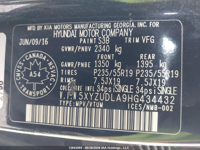 12643085 :رقم المزاد ، 5XYZUDLA9HG434432 vin ، 2017 Hyundai Santa Fe Sport مزاد بيع