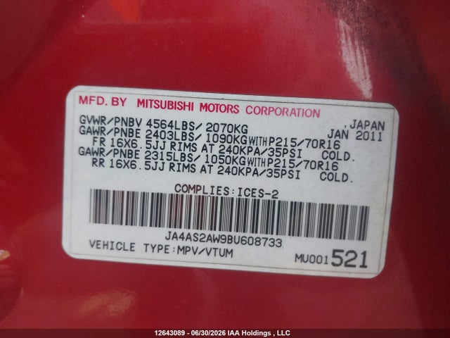 Aukcja sprzedaży 2011 Mitsubishi Outlander Es, vin: JA4AS2AW9BU608733, numer aukcji: 12643089