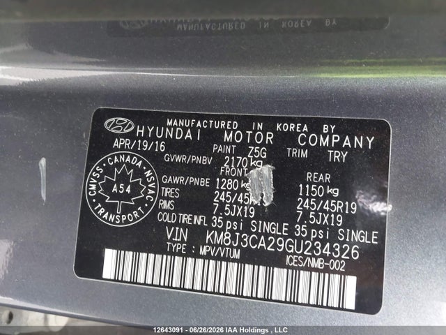 12643091 :رقم المزاد ، KM8J3CA29GU234326 vin ، 2016 Hyundai Tucson Limited/sport And Eco/se مزاد بيع