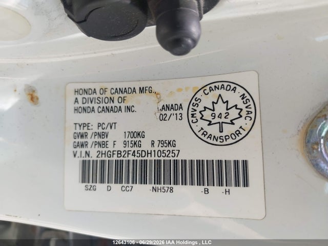 Продажа на аукционе авто 2013 Honda Civic Lx, vin: 2HGFB2F45DH105257, номер лота: 12643106