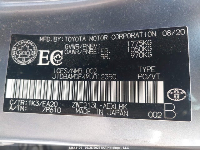 JTDBAMDE4MJ012350 Toyota Corolla Hybrid Base W/li Battery