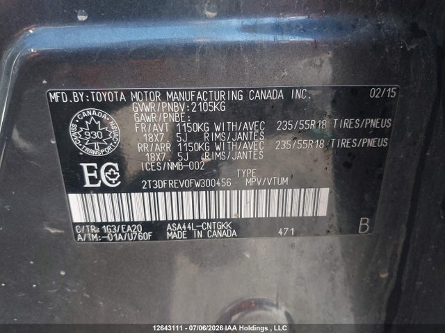 2015 Toyota Rav4 მანქანა იყიდება აუქციონზე, vin: 2T3DFREV0FW300456, აუქციონის ნომერი: 12643111
