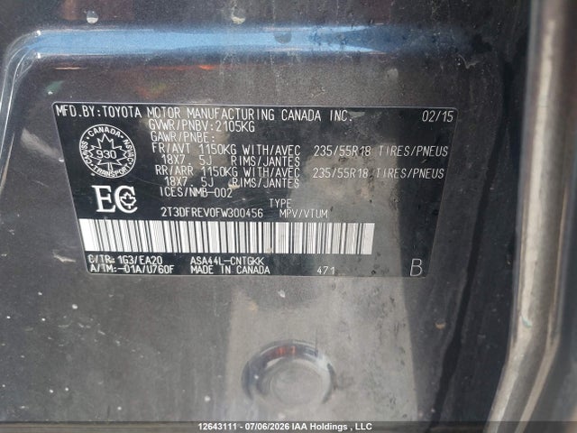 2015 Toyota Rav4 მანქანა იყიდება აუქციონზე, vin: 2T3DFREV0FW300456, აუქციონის ნომერი: 12643111