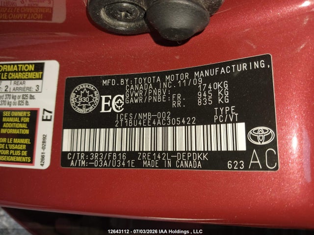 12643112 :رقم المزاد ، 2T1BU4EE4AC305422 vin ، 2010 Toyota Corolla Ce مزاد بيع