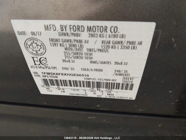 Продажа на аукционе авто 2017 Ford Explorer Limited, vin: 1FM5K8F8XHGE06510, номер лота: 12643115