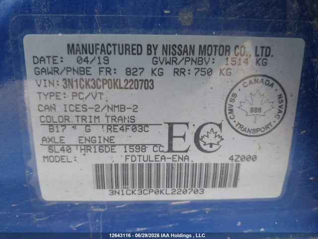 Aukcja sprzedaży 2019 Nissan Micra S/sr/sv, vin: 3N1CK3CP0KL220703, numer aukcji: 12643116