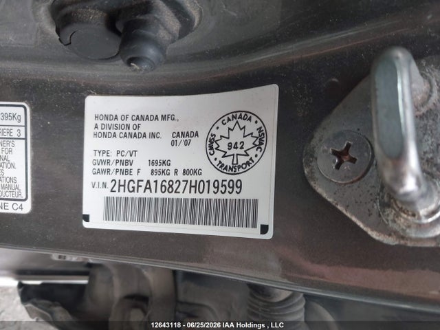 2007 Honda Civic Ex 4dr მანქანა იყიდება აუქციონზე, vin: 2HGFA16827H019599, აუქციონის ნომერი: 12643118