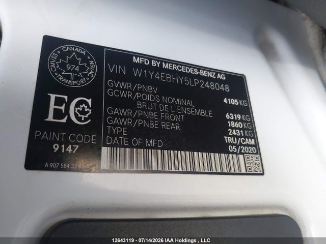 Aukcja sprzedaży 2020 Mercedes-benz Sprinter 2500 Standard Roof V6, vin: W1Y4EBHY5LP248048, numer aukcji: 12643119