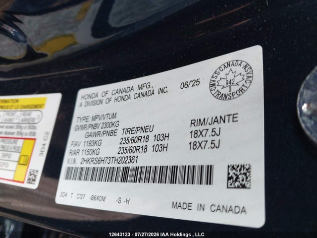 Aukcja sprzedaży 2026 Honda Cr-v Ex-l Hybrid, vin: 2HKRS6H73TH202361, numer aukcji: 12643123