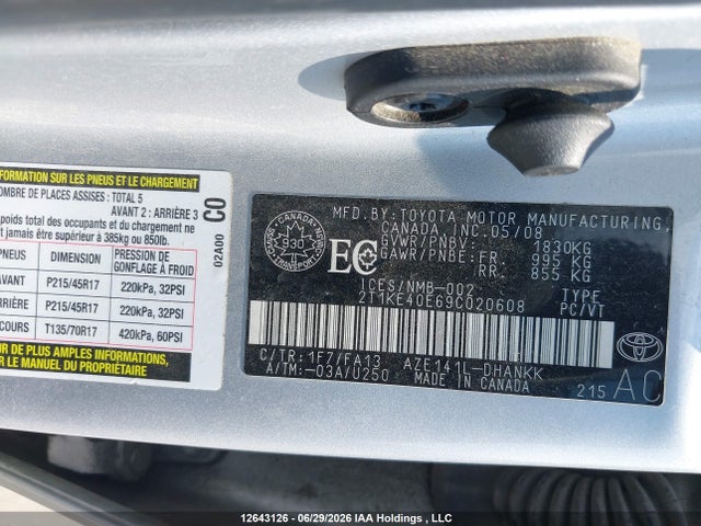 12643126 :رقم المزاد ، 2T1KE40E69C020608 vin ، 2009 Toyota Matrix Xr مزاد بيع