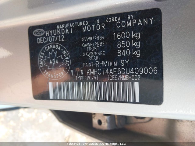 12643131 :رقم المزاد ، KMHCT4AE6DU409006 vin ، 2013 Hyundai Accent Gls/gs مزاد بيع