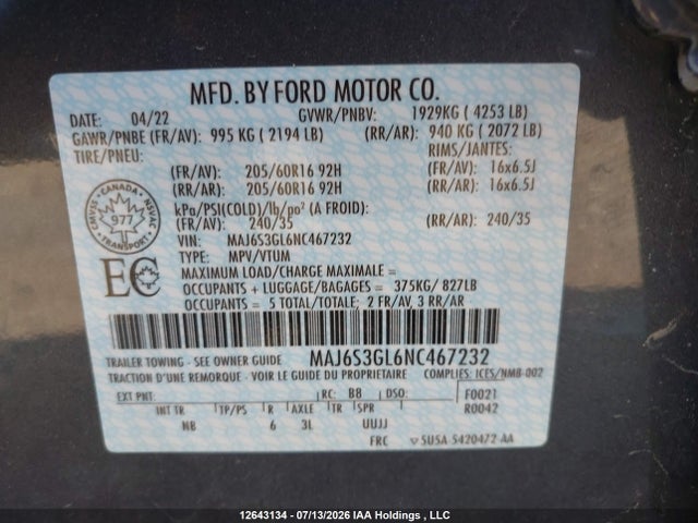 Продаж на аукціоні авто 2022 Ford Ecosport Se, vin: MAJ6S3GL6NC467232, номер лоту: 12643134