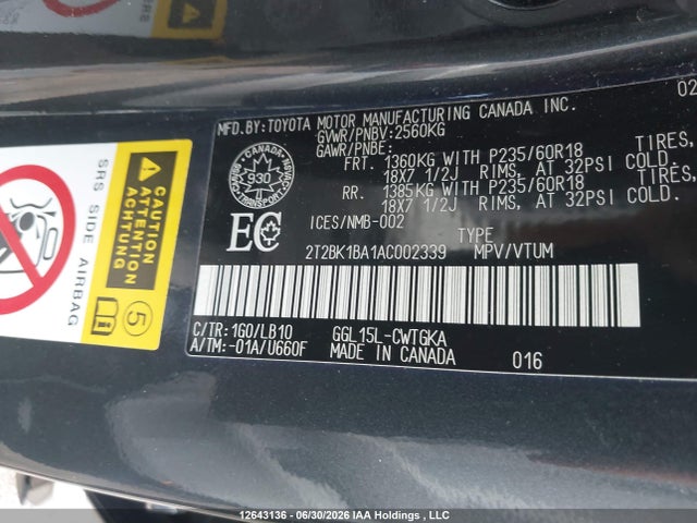 12643136 :رقم المزاد ، 2T2BK1BA1AC002339 vin ، 2010 Lexus Rx 350 مزاد بيع
