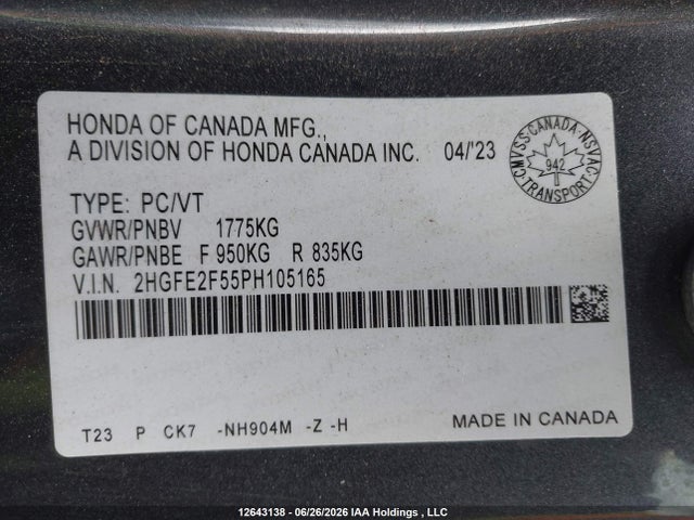 Продаж на аукціоні авто 2023 Honda Civic Sport, vin: 2HGFE2F55PH105165, номер лоту: 12643138