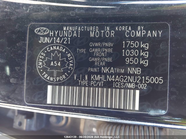 12643139 :رقم المزاد ، KMHLN4AG2NU215005 vin ، 2022 Hyundai Elantra Ultimate Ivt With Tech Package مزاد بيع