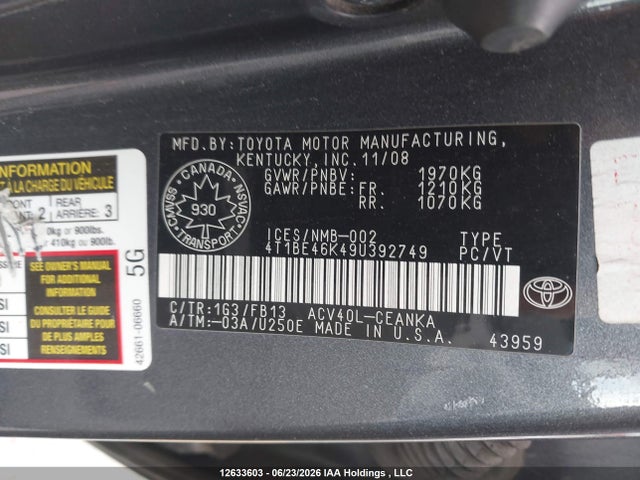 Aukcja sprzedaży 2009 Toyota Camry Le, vin: 4T1BE46K49U392749, numer aukcji: 12633603