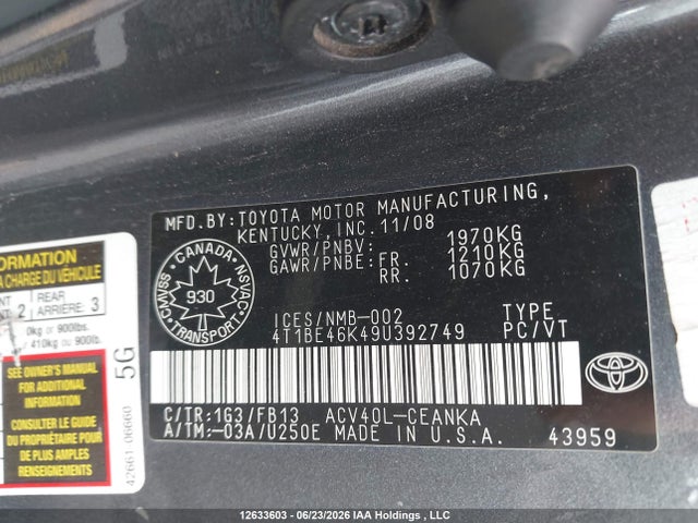 Aukcja sprzedaży 2009 Toyota Camry Le, vin: 4T1BE46K49U392749, numer aukcji: 12633603
