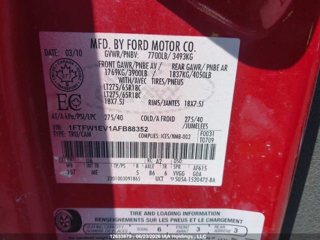 12633879 :رقم المزاد ، 1FTFW1EV1AFB88352 vin ، 2010 Ford F-150 Fx4/harley-davidson/king Ranch/lariat/platinum/xlt مزاد بيع