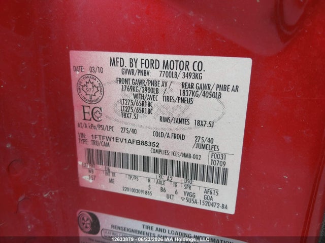 12633879 :رقم المزاد ، 1FTFW1EV1AFB88352 vin ، 2010 Ford F-150 Fx4/harley-davidson/king Ranch/lariat/platinum/xlt مزاد بيع