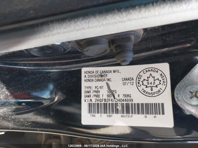 2012 Honda Civic Lx მანქანა იყიდება აუქციონზე, vin: 2HGFB2F47CH044699, აუქციონის ნომერი: 12633989