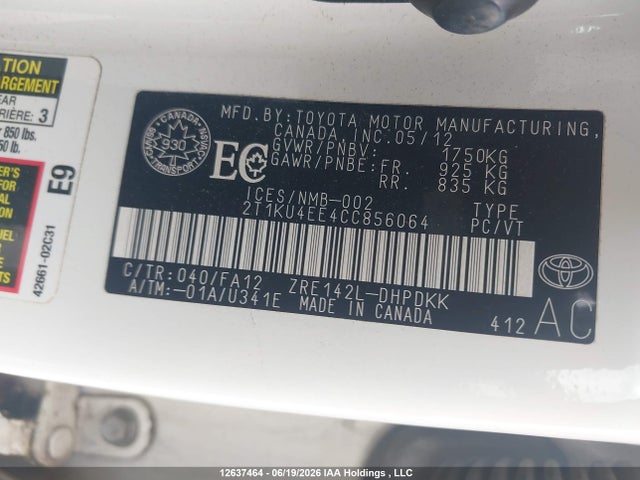 2012 Toyota Matrix მანქანა იყიდება აუქციონზე, vin: 2T1KU4EE4CC856064, აუქციონის ნომერი: 12637464