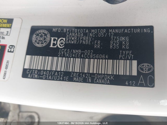 2012 Toyota Matrix მანქანა იყიდება აუქციონზე, vin: 2T1KU4EE4CC856064, აუქციონის ნომერი: 12637464